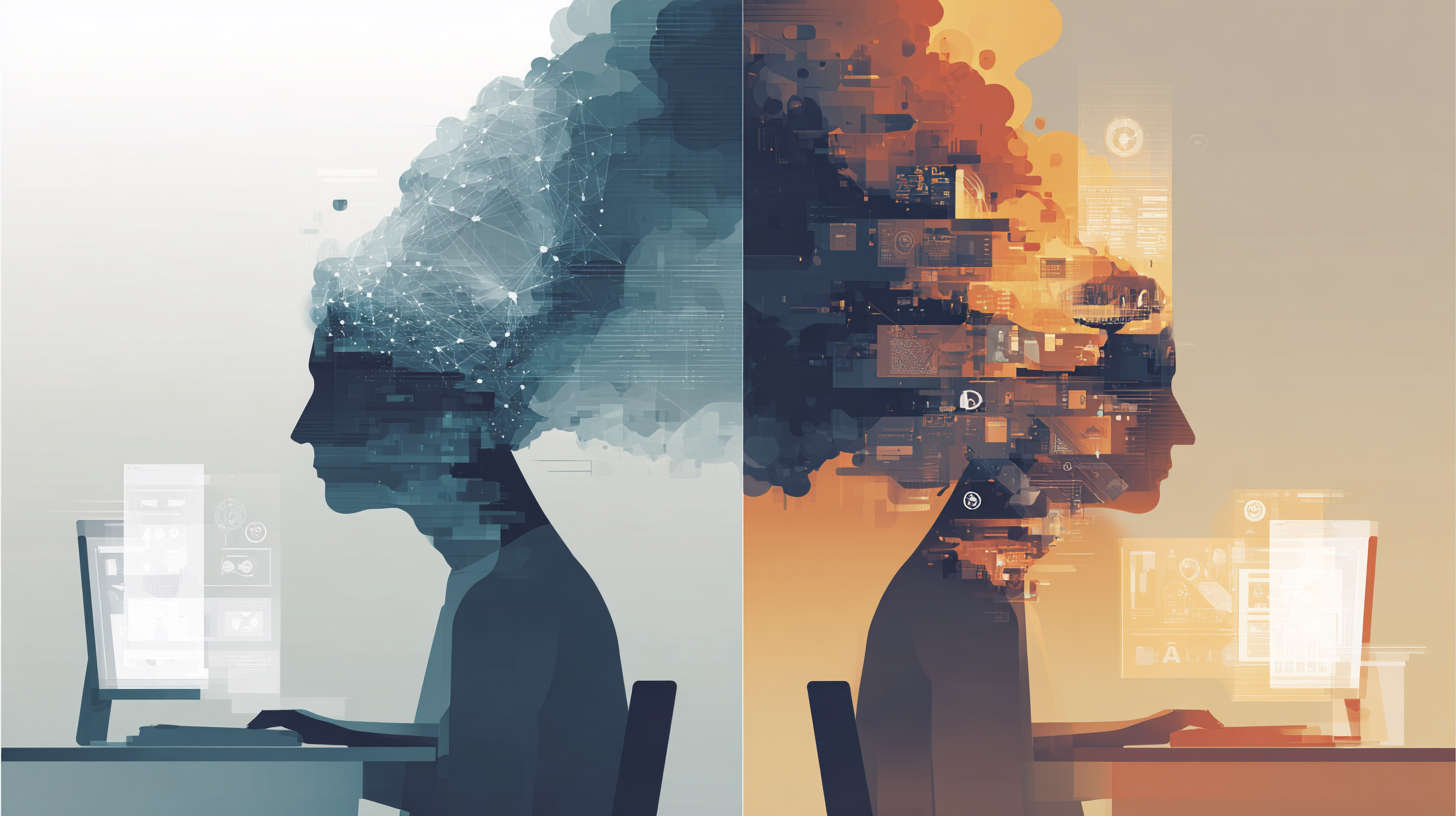 Cognitive overload from AI technology - split-screen showing calm vs overwhelmed human mind