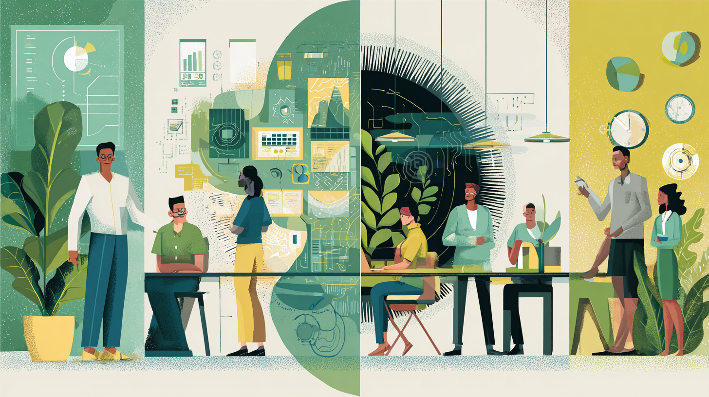Balanced composition showing healthy human-AI collaboration and organizational support