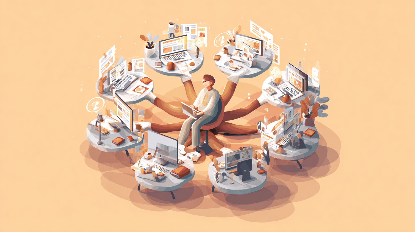 Isometric illustration of person managing 8 simultaneous workspaces with AI assistance